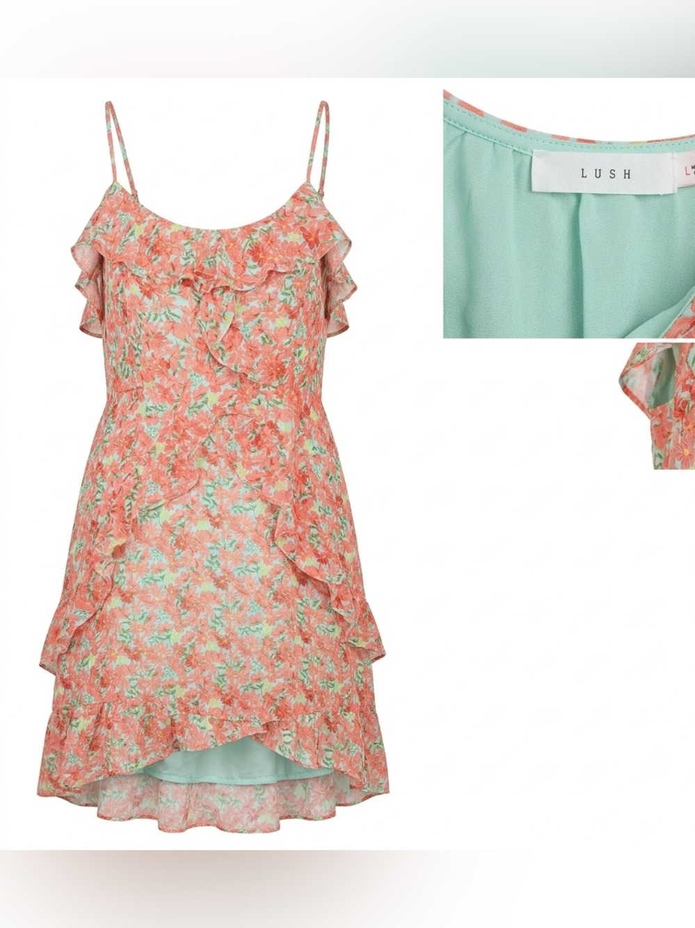Lush Coral and Mint Floral Ruffle Spaghetti-Strap Dress Size L